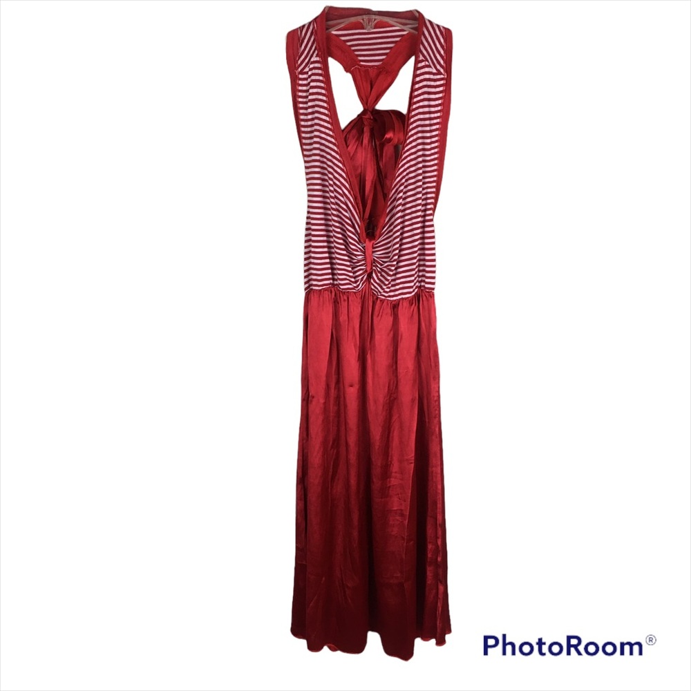Kaidal French red silk striped midi dress with back tie detail